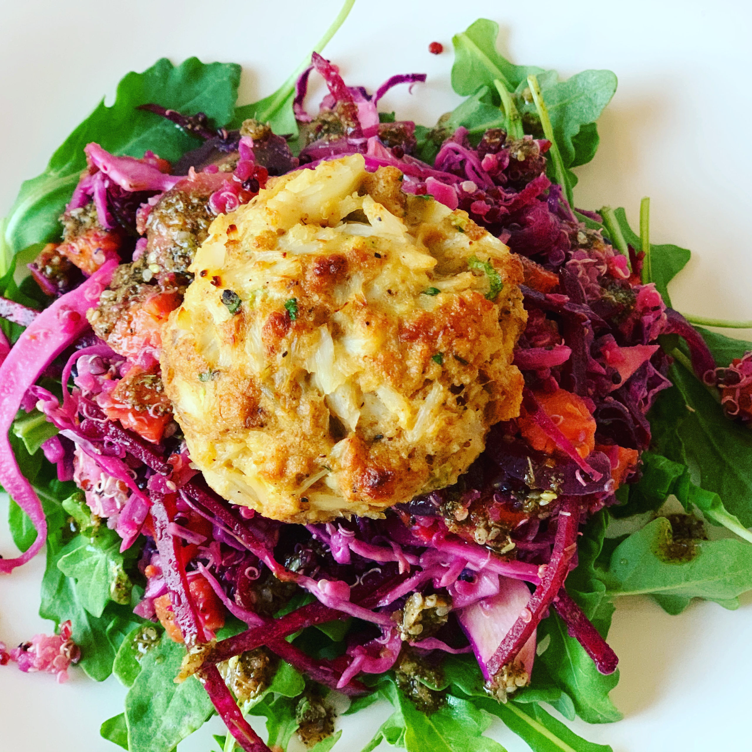 Crab cake and Quinoa salad with roasted carrots and sweet potatoes